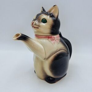 Erphila West Germany Black White Cat Teapot Green Eyes 7.5 Inches 1940's Vintage